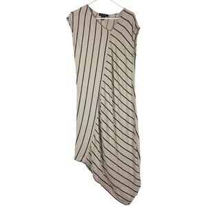 Tahari Linen Striped Asymmetric Vneck Dress Lagenlook Beachy Minimalist Size M